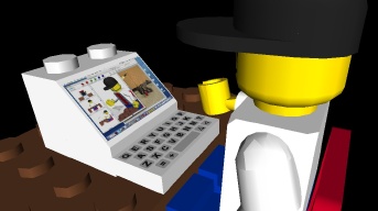 Minifig using computer with custom Bitsticker screen