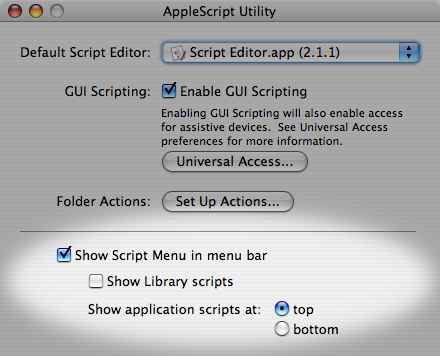 Screenshot: Enabling the Script Menu with AppleScript Utility