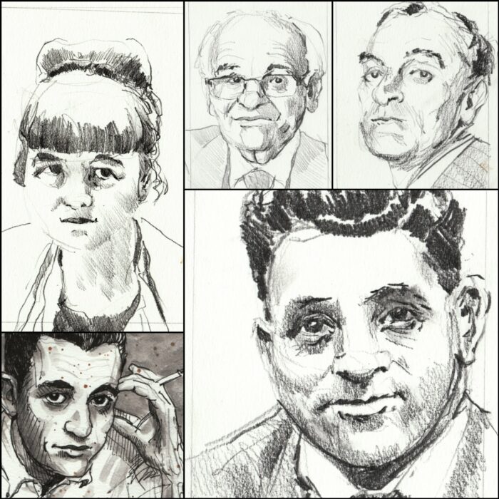 Collage of five author portrait sketches