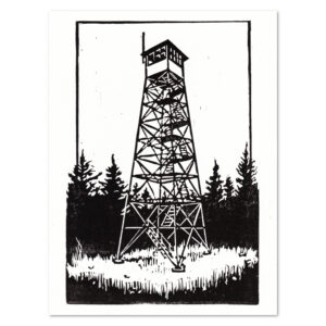 Relief print illustration of a Catskills Firetower